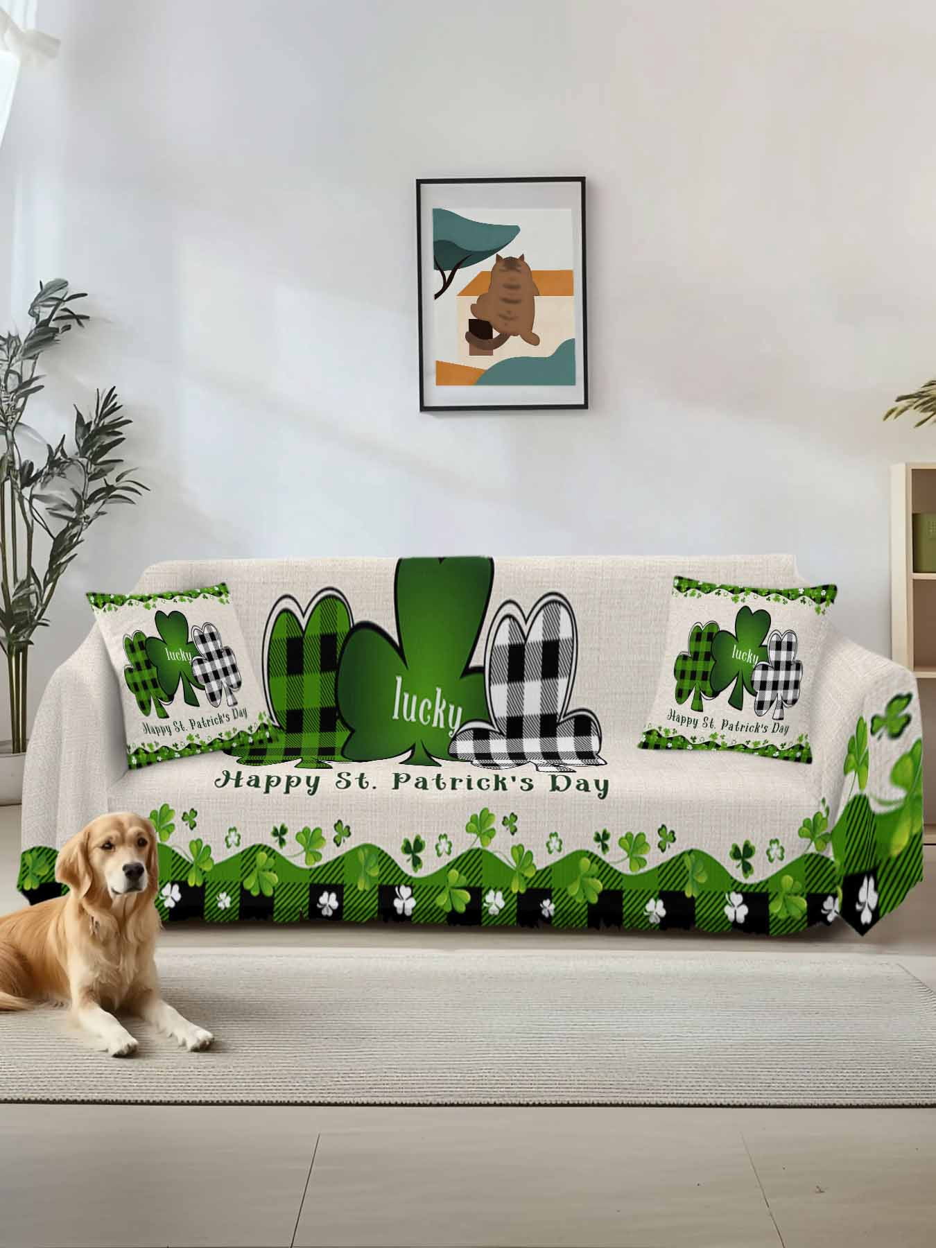 St. Patrick's Day Couch Cover, Green and Black Checkered Lucky Sofa Cover Blanket for 2 Seat Cushion, Sectional Sofa Slipcover Furniture Protector for Living Room Bedroom 71''x102''