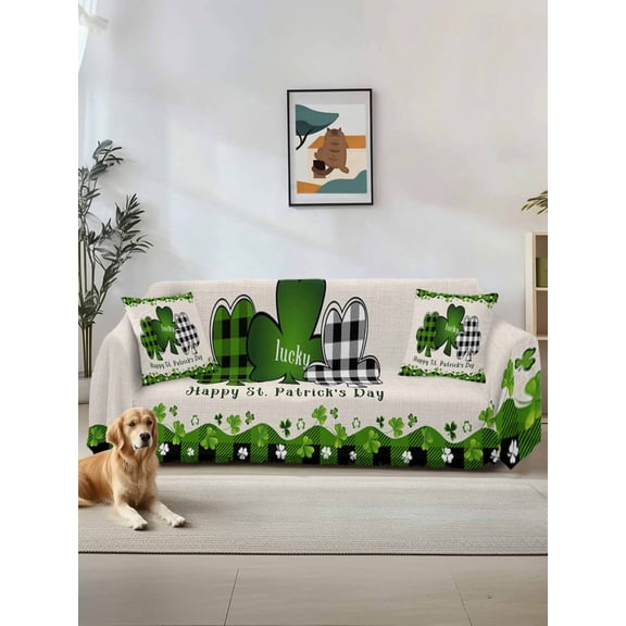 St. Patrick's Day Couch Cover, Green and Black Checkered Lucky Sofa Cover Blanket for 2 Seat Cushion, Sectional Sofa Slipcover Furniture Protector for Living Room Bedroom 71''x102''