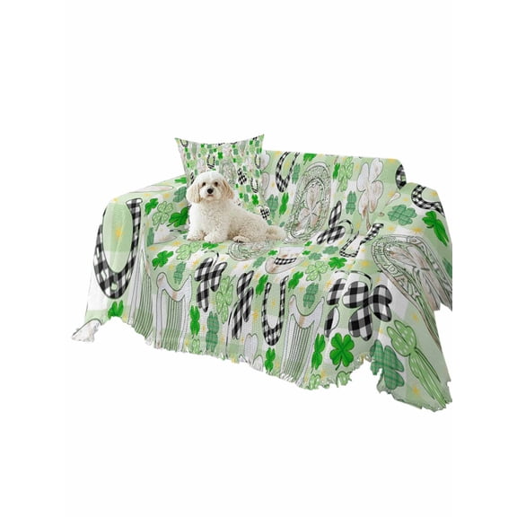 St. Patrick's Day Couch Cover Green Black Plaid Lucky Shamrocks Hats Horseshoes Light Green Sofa Slipcover with Tassel Washable Furniture Protector Soft Sofa Cover for Dog Cat Pets 71"x91"