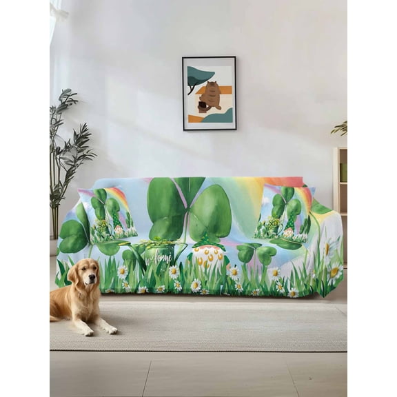 St Patrick's Day Couch Cover, Green Gnomes Shamrock Cloud Plants Rainbow Oversized Sofa Cover Blanket for 3 Cushion Couch, Sectional Sofa Slipcover Protector for Living Room Bedroom 71''x150''