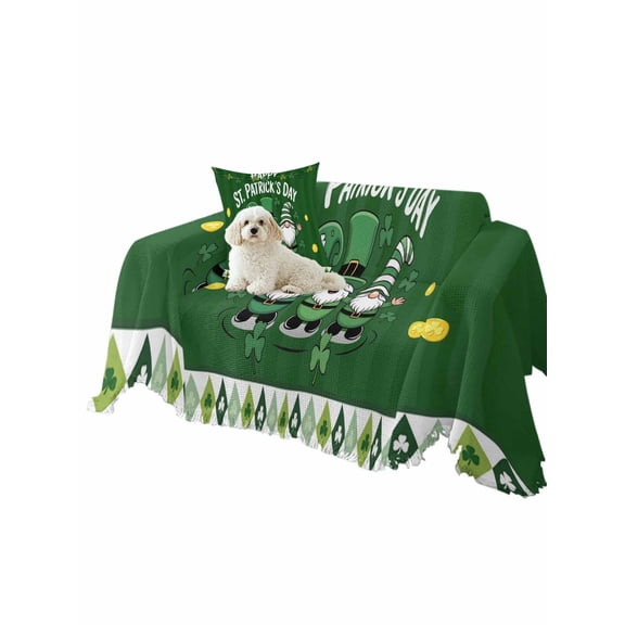 St. Patrick's Day Couch Cover Green Hat Gnome Shamrocks Coin Green Stripes Sofa Slipcover with Tassel Washable Furniture Protector Living Room Soft Sofa Cover for Dog Cat Pets 71"x91"