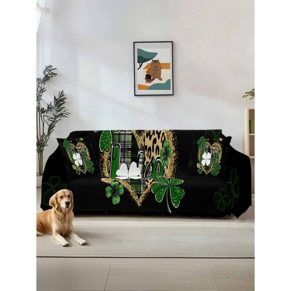 St. Patrick's Day Couch Cover, Green Shamrock Leaf Gold Leopard Love Black Sofa Cover Blanket for Loveseat Couches, Sectional Sofa Slipcover Furniture Protector for Living Room Bedroom 71''x118''