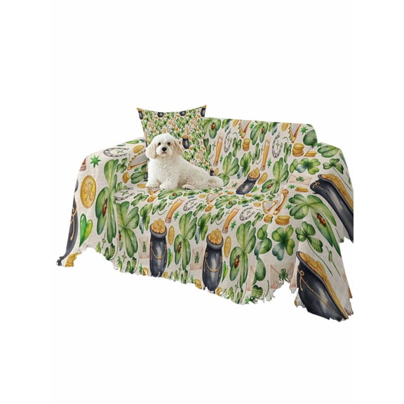 St. Patrick's Day Couch Cover Lucky Shamrocks Harp Beer Horseshoes Envelope Linen Texture Sofa Slipcover with Tassel Washable Furniture Protector Living Room Soft Sofa Cover for Dog Cat Pets 71"x91"