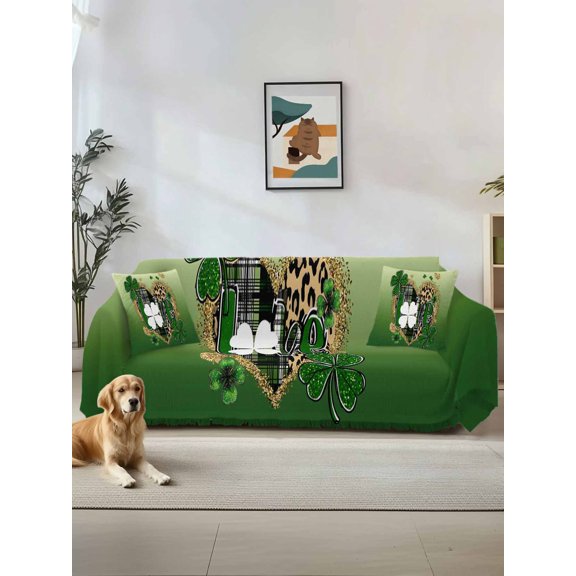 St. Patrick's Day Couch Cover, Spring Shamrock Gold Leopard Love Ombre Green Sofa Cover Blanket for Loveseat Couches, Sectional Sofa Slipcover Furniture Protector for Living Room Bedroom 71''x118''