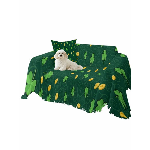 St. Patrick's Day Couch Cover Watercolor Green Shamrocks Gold Coin Green Sofa Slipcover with Tassel Washable Furniture Protector Living Room Soft Sofa Cover for Dog Cat Pets 71"x91"