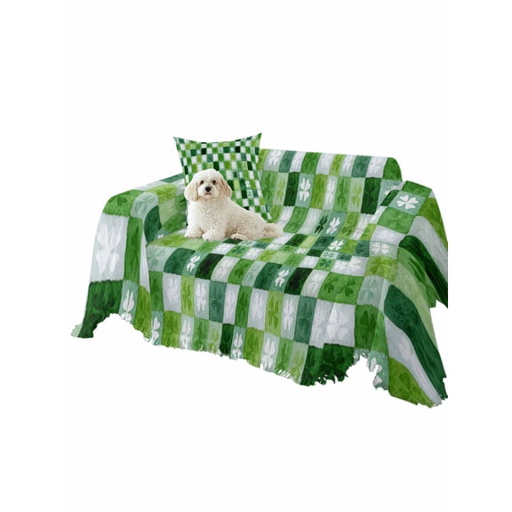 St. Patrick's Day Couch Cover Watercolor Green White Lucky Shamrocks Plaid Sofa Slipcover with Tassel Washable Furniture Protector Living Room Soft Sofa Cover for Dog Cat Pets 71"x102"