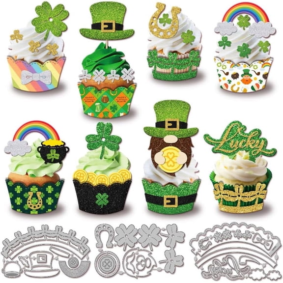 St. Patrick's Day Cupcake Cutting Dies Metal 3D Cupcake Wrappers Cutting Die Template Four Leaf Clover Paper Cutting Dies for Scrapbooking Card Making Crafts Paper Cards for DIY Mixed Shapes
