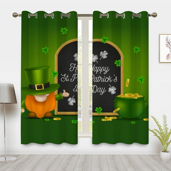 St. Patrick's Day Curtains, Green Green Hat Clover Print Curtains, Blackout Curtains for Room Bedroom Decoration(Grommet)