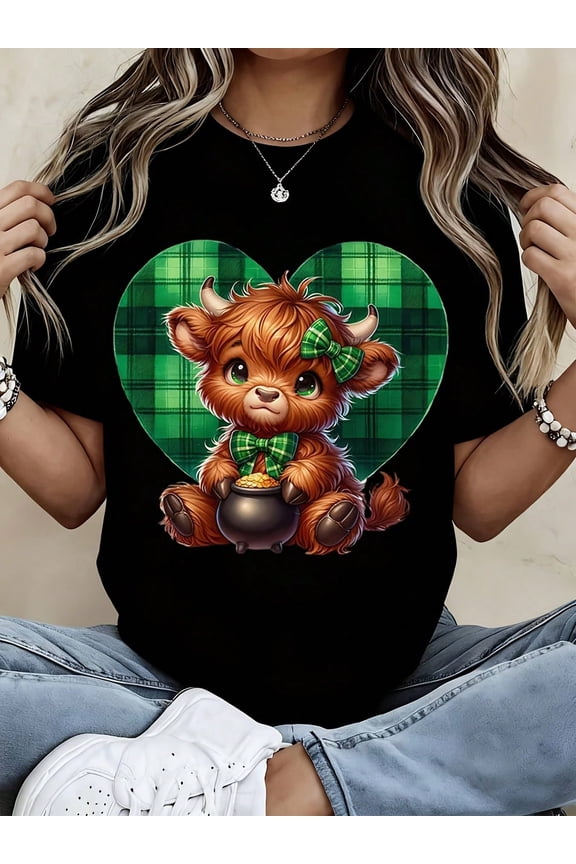 St. Patrick's Day Cute Cow T-Shirt With Green Plaid Heart And Pot Of Gold Design For Women, Irish Festival Shirt, Lucky Animal Graphic Tee, Unisex White Cotton Top