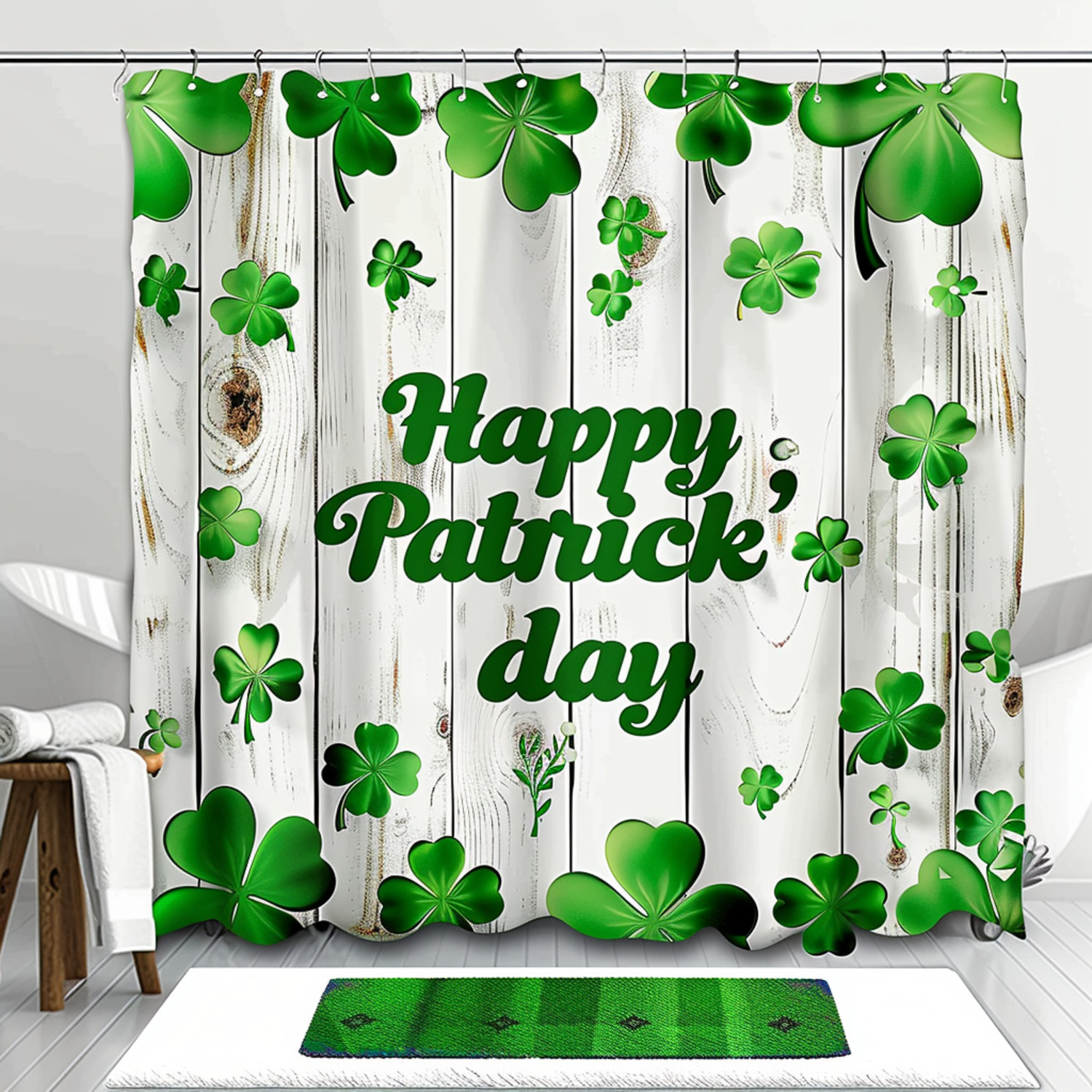 St Patrick's Day Cute Green Shamrock Shower Curtain Set with Happy St