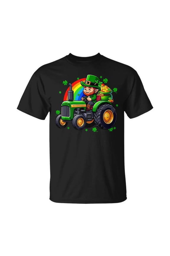 St. Patrick’s Day Cute Man Driving Tractor Tee – Unisex Adult Cotton T-Shirt Featuring Shamrocks and Rainbow Graphic for Casual or Holiday Wear, Size M, Color Black