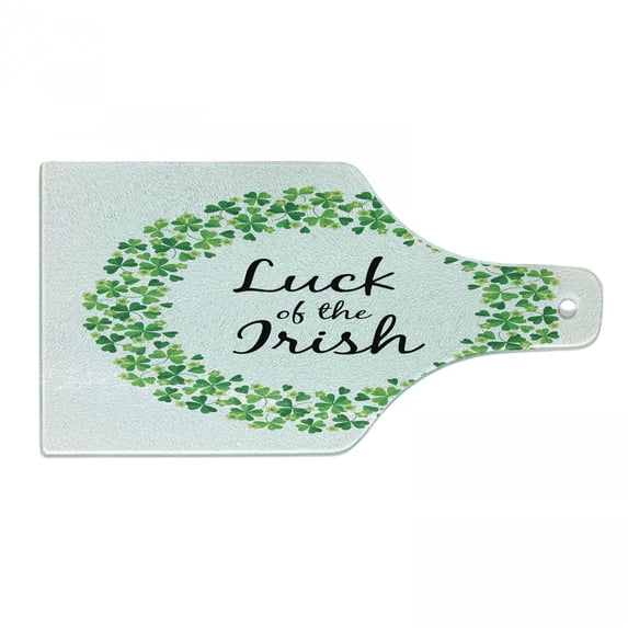 St. Patrick's Day Cutting Board, Clover Wreath Shamrock Luck of the Irish Text, Decorative Tempered Glass Cutting and Serving Board, in 3 Sizes, by Ambesonne