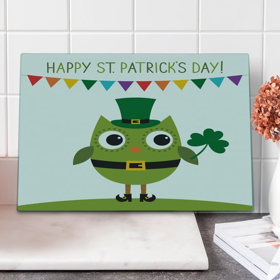 St. Patrick's Day Cutting Board, Owl Leprechaun Costume Greeting Design Party Shamrock Pattern Print, Decorative Tempered Glass Cutting and Serving Board, Large Size, Multicolor, by Ambesonne