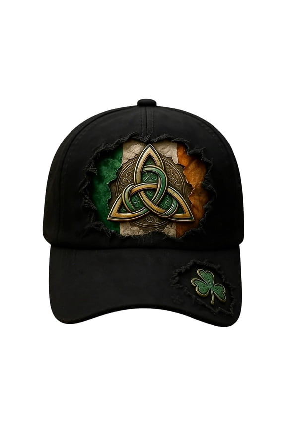 St. Patrick's Day Dark Print Embroidered Hat - Green Cotton Irish Festival Baseball Cap with Shamrocks Design