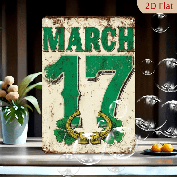 St Patrick's Day Decor Vintage Metal Tin Sign Wall Art, Lucky March 17th Shamrock Leprechaun Theme Green Printed Artwork, Rustic Retro Style Plaque for Home
