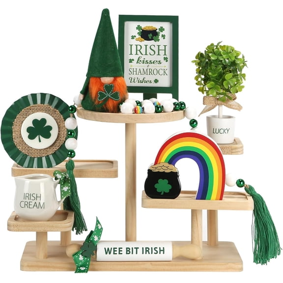St Patrick's Day Decoration 8 PCS Tiered Tray Decor Set, Cute Tabletop Saint Patricks Day Décor for Home Shelf Mantel Fireplace Office Desk Coffee Bar Leprechaun Gnome Shamrock Irish Tray Objects