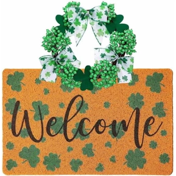 St. Patrick's Day Decoration Set Include Non Slip Welcome Clover Imitation Coir Doormat Irish Green Shamrock Wreath with Bow for Spring Outdoor Front Door Entrance Home Wall Window Porch Decor
