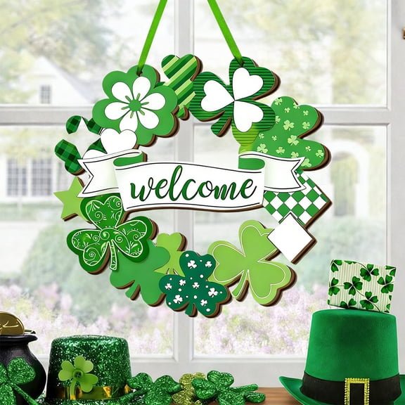 St. Patrick's Day Decoration Shamrock Door Wreath for Front Door Sign Wall Signs Shamrock Clover Spring Decor Irish Sign Welcome Hanging for Home Decor Party Outdoor Indoor Wooden 12 inch