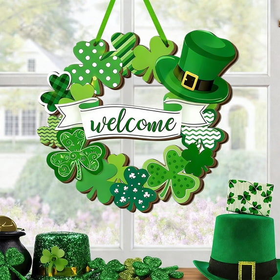 St. Patrick's Day Decoration Shamrock Door Wreath for Front Door Sign Wall Signs Shamrock Clover Spring Decor Irish Sign Welcome Hanging for Home Decor Party Outdoor Indoor Wooden 12 inch