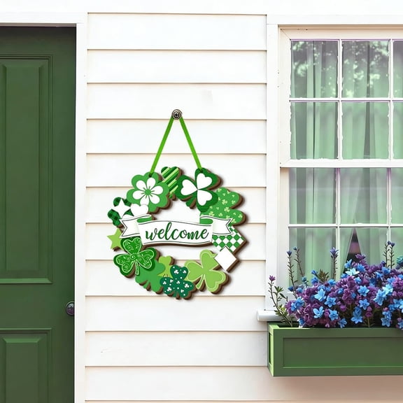 St. Patrick's Day Decoration Shamrock Door Wreath for Front Door Sign Wall Signs Shamrock Clover Spring Decor Irish Sign Welcome Hanging for Home Decor Party Outdoor Indoor Wooden