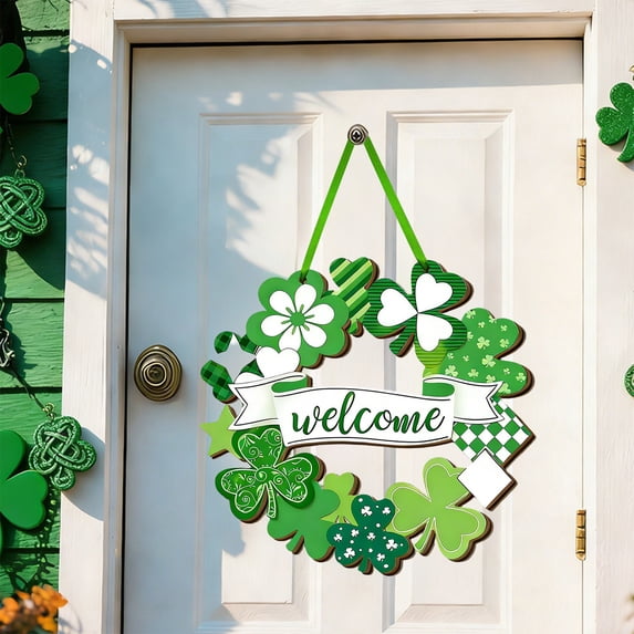St. Patrick's Day Decoration, Wooden Shamrock Door Wreath for Front Door Sign, Wall Signs Shamrock Clover Spring Decoration, Irish Sign Welcome Hanging for St. Patrick's Day Home Decor Party
