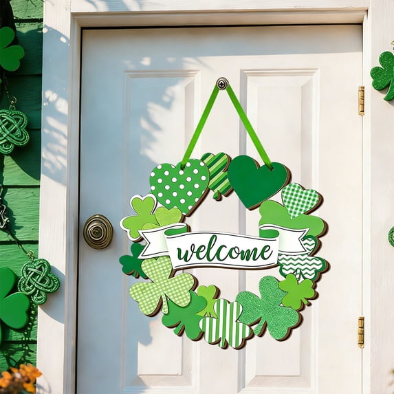 St. Patrick's Day Decoration, Wooden Shamrock Door Wreath for Front Door Sign, Wall Signs Shamrock Clover Spring Decoration, Irish Sign Welcome Hanging for St. Patrick's Day Home Decor Party