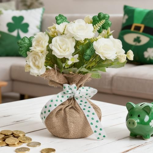 St Patrick's Day Decorations, Artificial Flower Clover Greenery Ireland Flower Bouquet Shamrocks Plant, White Roses for St Patricks Table Decor Home Party Centerpiece March Vase Filler$$