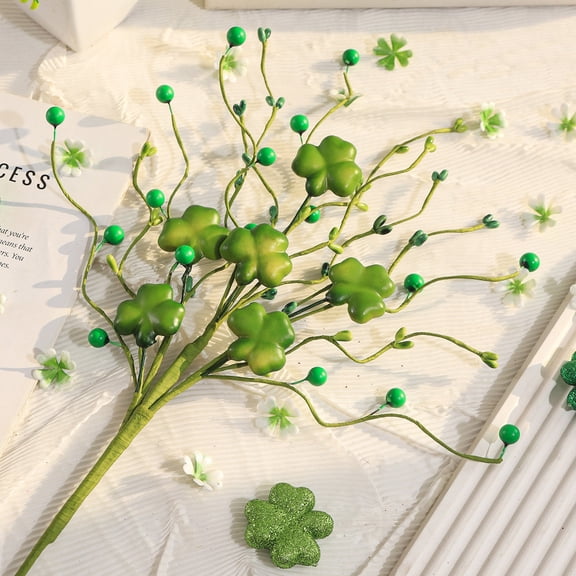 St. Patrick's Day Decorations, Gaqring Green Shamrock Cuttings Artificial Flowers, Plastic Silk Bouquet for Home Vase Arrangements Indoor Party Decor, Green