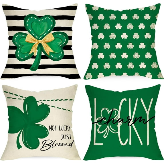St. Patrick''s Day Decorative Throw Pillow Covers 18 x 18 Set of 4, Lucky Charm Shamrock Clover Stripes Cushion Case Decor, Not Lucky Just Blessed Irish Holiday Home Decoration for Sofa Couch