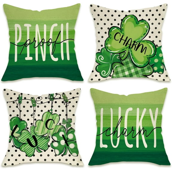 St. Patrick's Day Decorative Throw Pillow Covers Set of 4 18x18 Inch Lucky Charms Shamrock Clover Outdoor Pillowcases with Polka Dot Irish Spring Holiday Cushion Cases for Festive Home Decor
