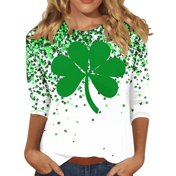 St. Patrick's Day Digital Print 3/4 Sleeve Top for Womens Graphic Tee Leaf Motif T-Shirts