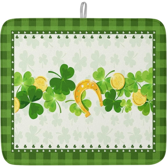 St. Patrick''s Day Dish Drying Mat for Kitchen Counter Shamrock Coin Drying Pad Absorbent Drying Mats for Countertops Sinks Draining Racks Green Buffalo Plaid Reversible Drainer Holiday Decor 16x18