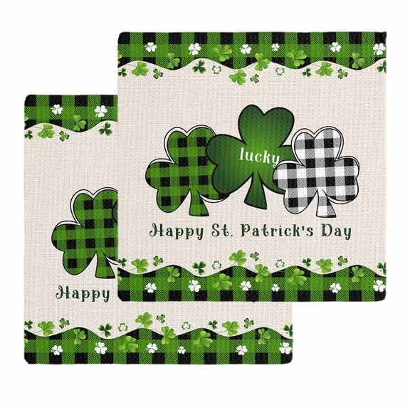 St. Patrick's Day Dish Towels Set, Waffle Weave Kitchen Towels 2 Pieces, Green and Black Checkered Lucky Microfiber Hair Face Bath Tea Towel Absorbent Quick Drying Cleaning Dish Cloths 12"x12"