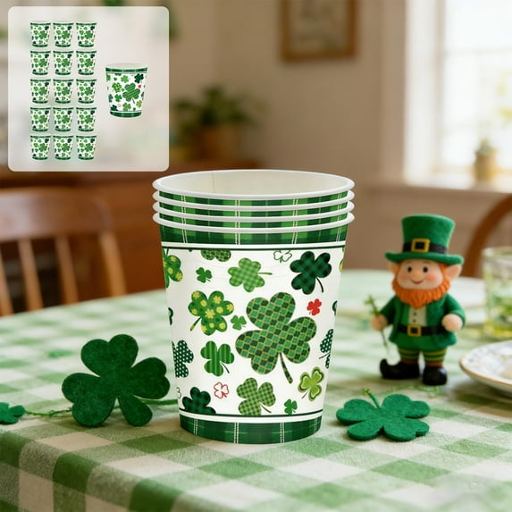 St. Patrick's Day Disposable Tableware Set - 7-inch & 9-inch Trefoil Print Paper Plates, Cups, and Napkins for Holiday Parties and Themed Celebrations