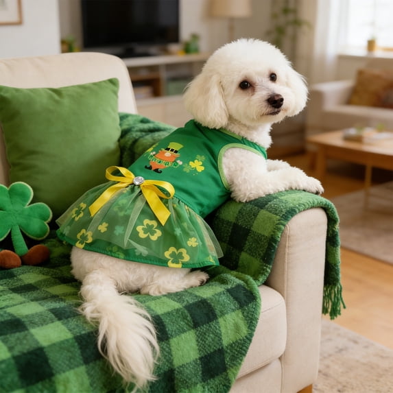 St. Patrick's Day Dog Cat Clothes, Green Mesh Skirt Tutu Outfit for Small Medium Pets, Festive Irish Party Costume for Puppy Kitty with Breathable Layer