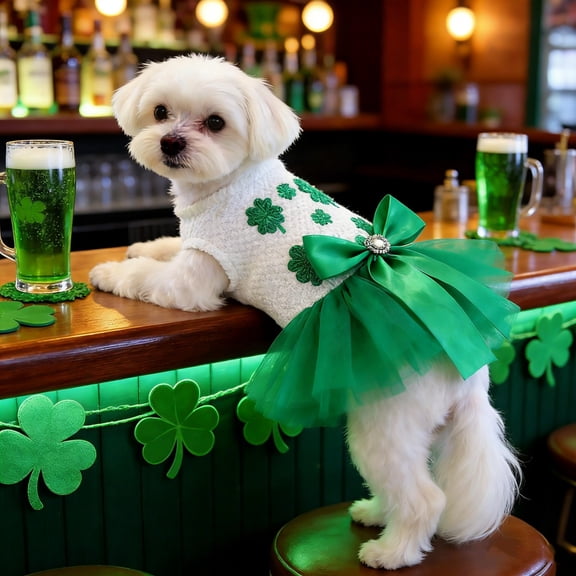 St. Patrick's Day Dog Cat Costume, Green Breathable Mesh Tutu Skirt Outfit for Small Medium Dogs Cats, Irish Party Apparel for Puppy Kitty