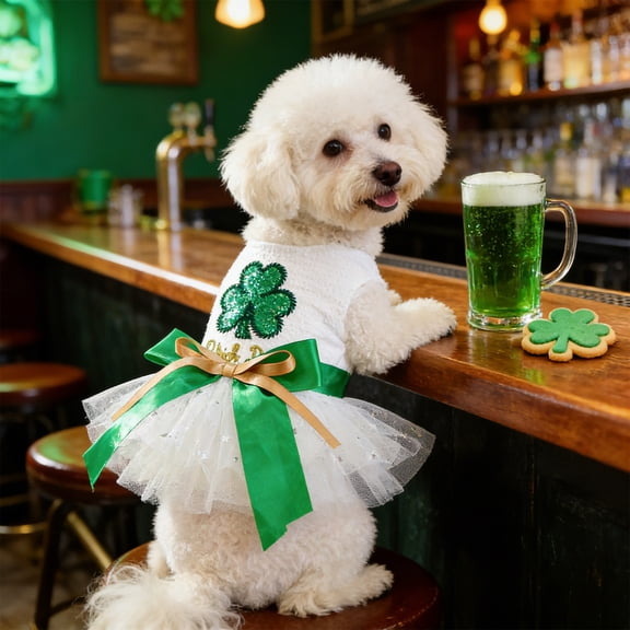 St Patrick's Day Dog Cat Costume, Green Mesh Skirt Outfit for Small Medium Pets, Irish Party Festival Apparel for Puppy Kitty