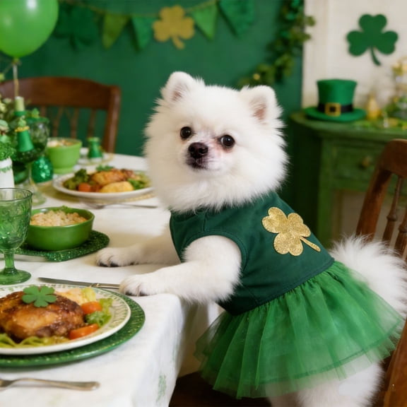 St. Patrick's Day Dog & Cat Costume, Green Mesh Skirt with Soft Lining, Breathable Pet Dress for Small Medium Large Pets, Holiday Party Photo