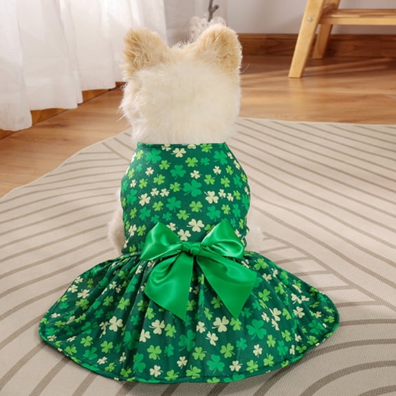 St. Patrick's Day Dog Skirt Clover Print Bowknot Cute Green Dress Fashion for Small Dog and Medium Dog Pet,Dark Green,M