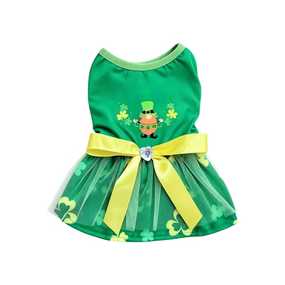 St. Patrick's Day Dog Skirt with Bow, Clover Pet Tutu Dress, Green Cat Apparel Outfit for Irish Festive Summer Birthday Party
