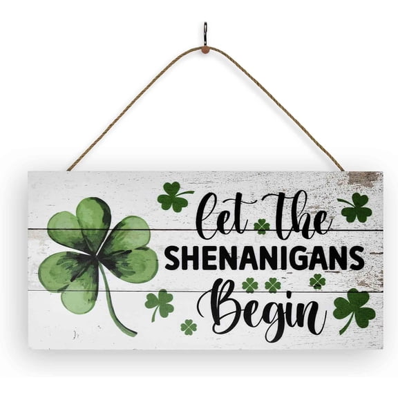 St. Patrick's Day Door Hanger Sign Let The Shenanigans Begin Rustic Wooden Shamrock Hanging Decor for Home Door Wall Art Porch Party Decorations Gifts