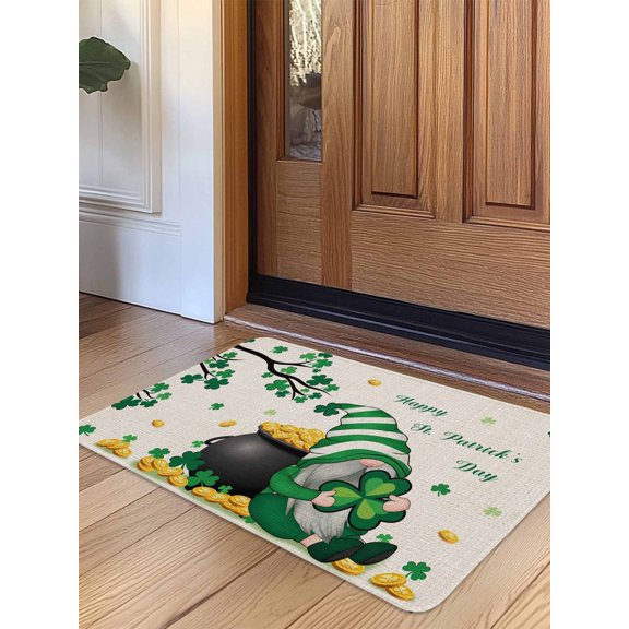 St. Patrick's Day Door Mat&nbsp;Indoor Outdoor Entrance,Non Slip Small Rug for Kitchen Bathroom Entryway Rug,Green Gnomes Shamrock Gold Coin Beige Washable Doormat Floor Mat 16x24 Inch