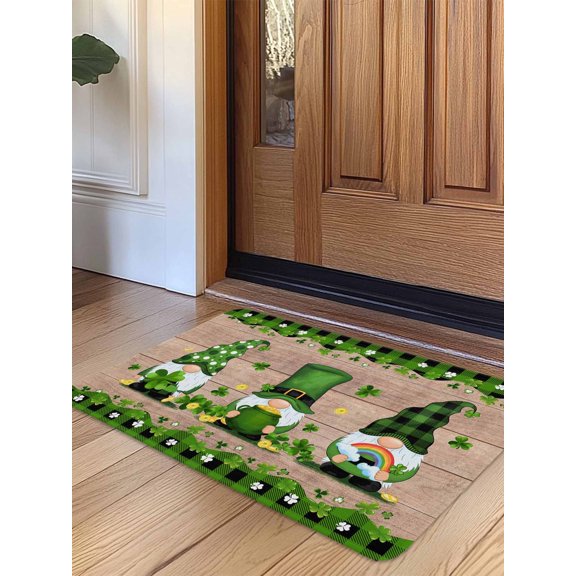 St. Patrick's Day Door Mat&nbsp;Indoor Outdoor Entrance,Non Slip Small Rug for Kitchen Bathroom Entryway Rug,Green Shamrocks Gnomes Gold Coin Wood Washable Doormat Floor Mat 16x24 Inch