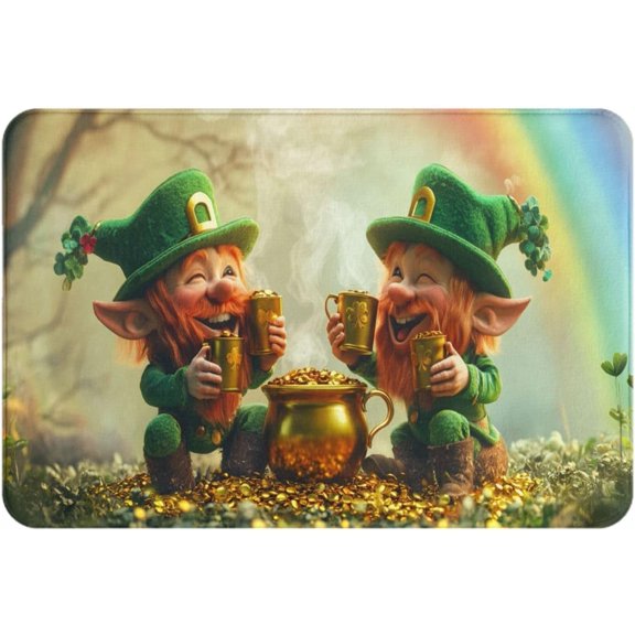 St. Patricks Day Doormat Creative Rainbow Old Man Design Flannel Floor Mat 16x24 Inch Green Non Slip Water Absorbent