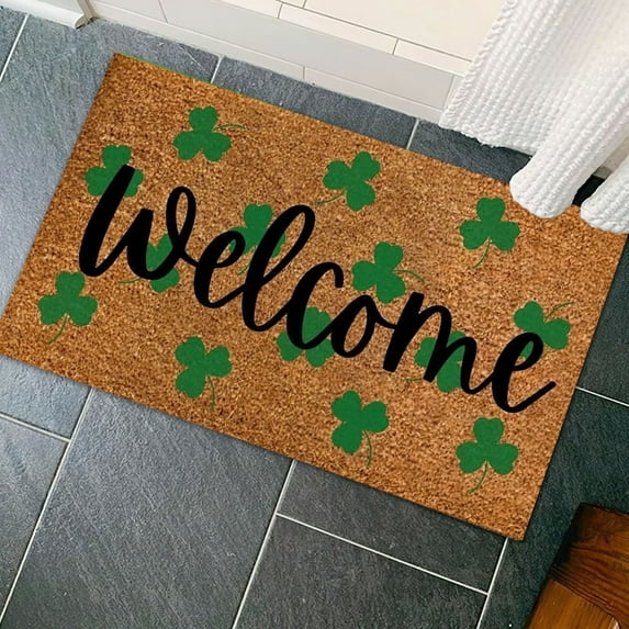 St. Patrick' s Day Doormat Natural Coir Welcome Floor Mat Green Shamrock Rectangle Entrance Door Rug for Irish Indoor Outdoor Home Bathroom Decor