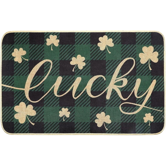St. Patrick''s Day Doormat Plaid Lucky Clover Green Shamrocks Indoor Outdoor Non-Slip Rubber Entrance Home Front Porch Rugs March Irish Housewarming Greetings Gift Spring Entrance Ornament Supplies