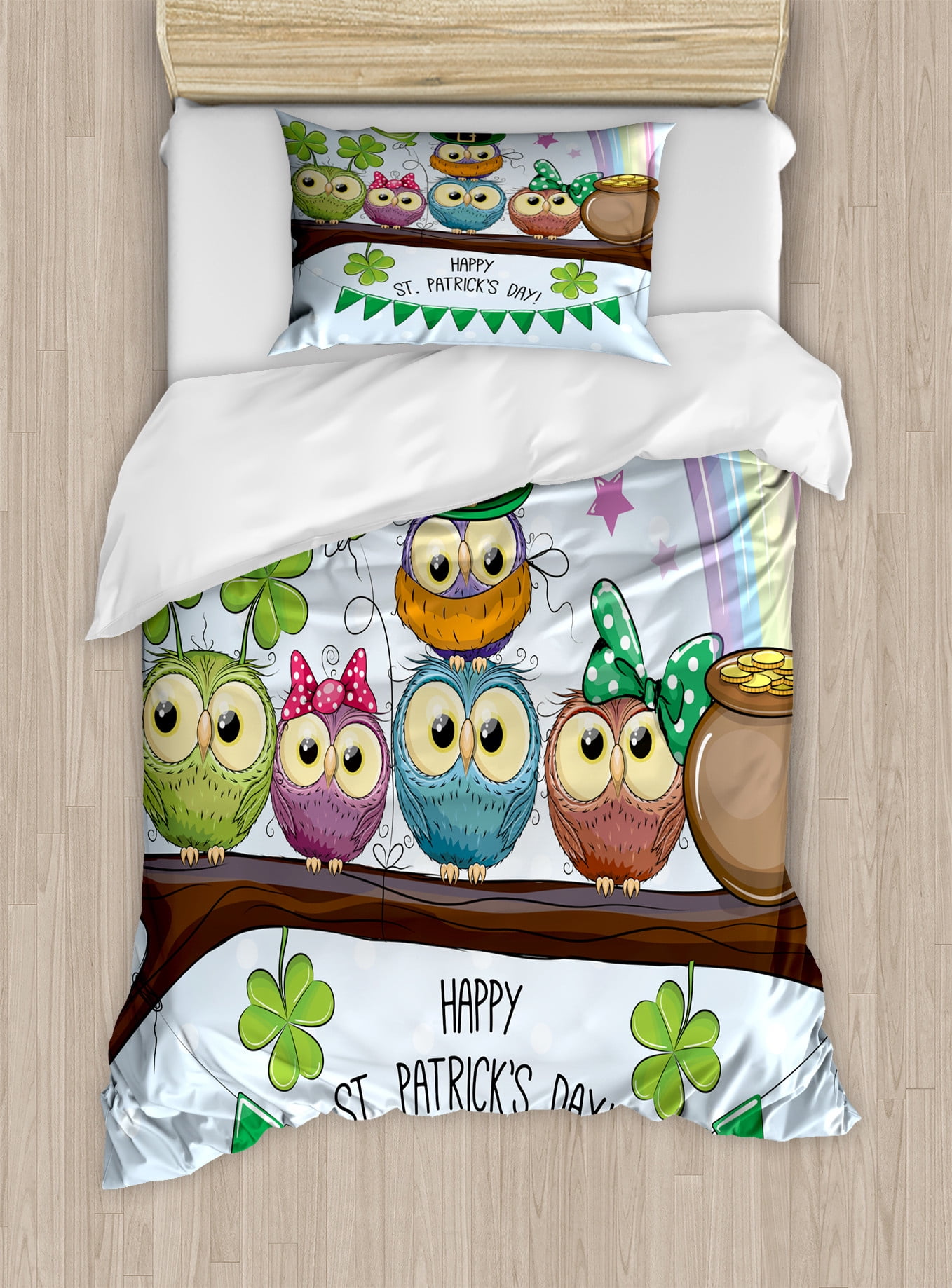 St. Patrick's Day Duvet Cover Set, Cartoon Little Owls On Branch ...