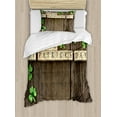 thumbnail image 1 of St. Patrick's Day Duvet Cover Set, Greetings with Wooden Blocks and Paper Shamrocks on Rustic Planks Image, Decorative 2 Piece Bedding Set with 1 Pillow Shams, Twin Size, Umber Beige, by Ambesonne, 1 of 3