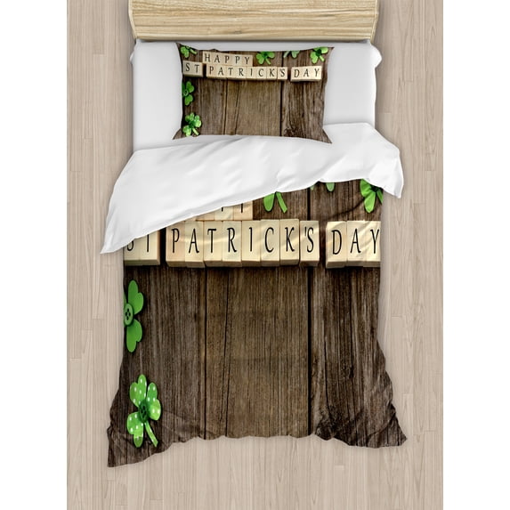 St. Patrick's Day Duvet Cover Set, Greetings with Wooden Blocks and Paper Shamrocks on Rustic Planks Image, Decorative 2 Piece Bedding Set with 1 Pillow Shams, Twin Size, Umber Beige, by Ambesonne