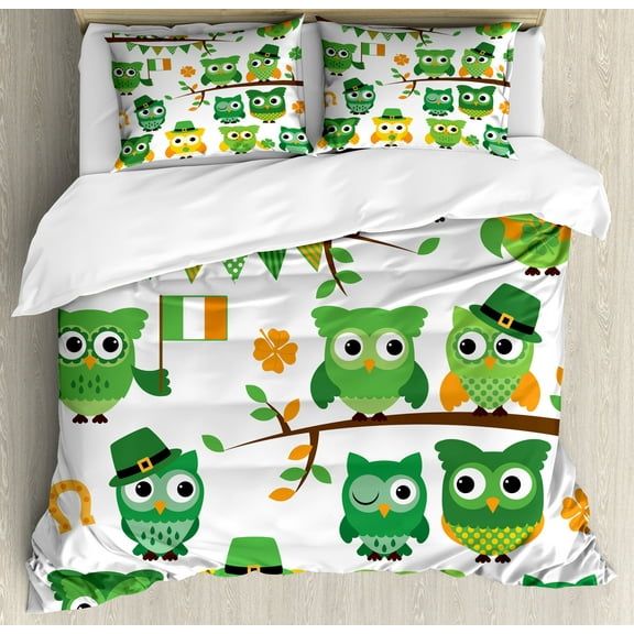 St. Patrick's Day Duvet Cover Set, Irish Owls Leprechaun Hats on Trees Shamrock Leaves Horseshoe, Decorative 3 Piece Bedding Set with 2 Pillow Shams, King Size, Green and White, by Ambesonne
